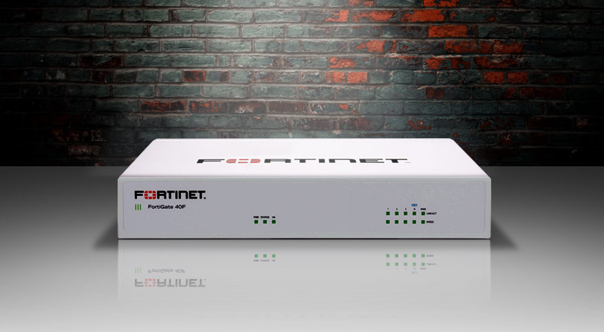 A Fortinet FG 40F firewall spotlit on a stage