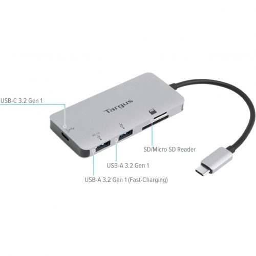 Targus USB-C Multi-Port Hub with Card Reader and 100W PD Pass-ThruUSB Type CExternal2 USB Port0 Network (RJ-45) PortChrom… ACA952USZ