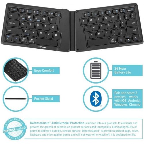 Targus Ergonomic Foldable Bluetooth Antimicrobial KeyboardWireless ConnectivityBluetooth/RF2.40 GHzEnglish (US)QWERTY Layouti… AKF003US