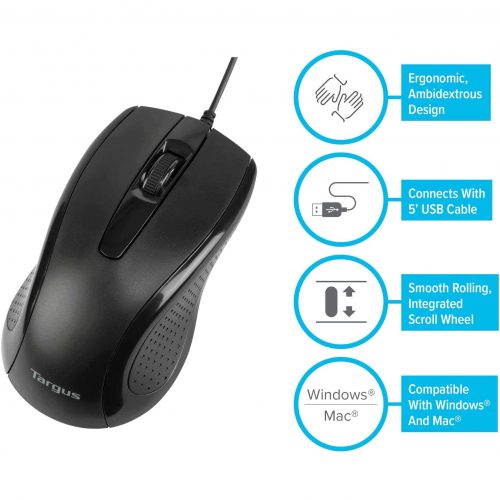 Targus 3-Button USB Full-Size Optical MouseOpticalCableBlackUSB1000 dpiScroll Wheel3 ButtonSymmetrical AMU81USZ