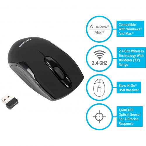 Targus W575 Wireless MouseOpticalWirelessRadio FrequencyBlackUSB1600 dpiScroll Wheel AMW575TT