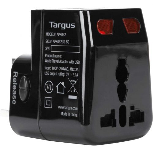 Targus World Travel Power Adapter with Dual USB Charging Ports10 W120 V AC, 230 V AC Input5 V DC/2.10 A Output APK032US