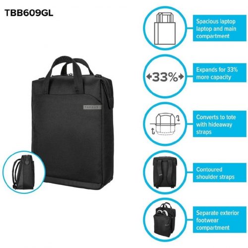 Targus Work+ TBB609GL Carrying Case (Backpack/Tote) for 16″ NotebookBlackWater ResistantShoulder Strap, Trolley Strap17.7″ Height x… TBB609GL