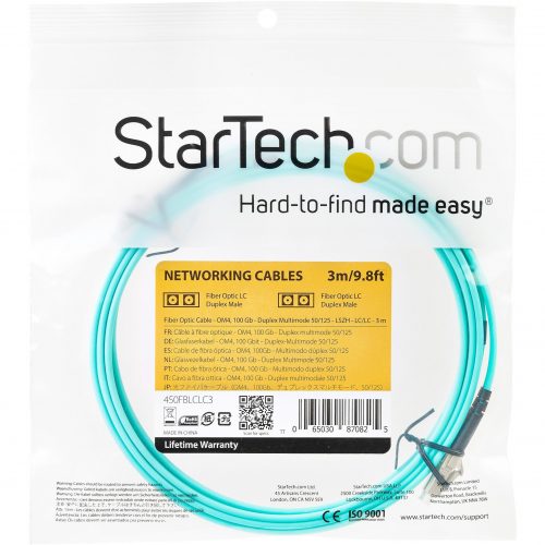 Startech .com Aqua OM4 Duplex Multimode Fiber3m/ 9 ft100 Gb50/125OM4 FiberLC to LC Fiber Patch CableConnect 40GBase-SR4, 100… 450FBLCLC3
