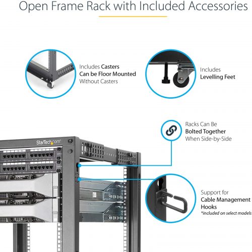 Startech .com 12U Adjustable Depth Open Frame 4 Post Server Rack w/ Casters / Levelers and Cable Management Hooks12U Open Frame Server Ra… 4POSTRACK12U