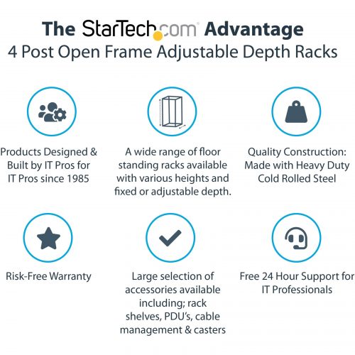 Startech .com 25U Adjustable Depth Open Frame 4 Post Server Rack w/ Casters / Levelers and Cable Management HooksStore your servers, netw… 4POSTRACK25U