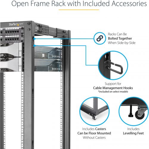 Startech .com 25U Adjustable Depth Open Frame 4 Post Server Rack w/ Casters / Levelers and Cable Management HooksStore your servers, netw… 4POSTRACK25U