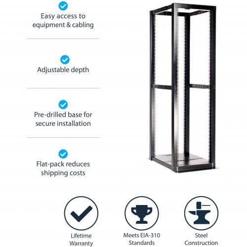 Startech .com 42U Adjustable 4 Post Open Server Equipment Rack CabinetStore your servers, network and telecommunications equipment in this… 4POSTRACKBK