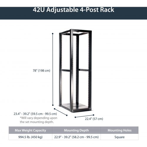 Startech .com 42U Adjustable 4 Post Open Server Equipment Rack CabinetStore your servers, network and telecommunications equipment in this… 4POSTRACKBK