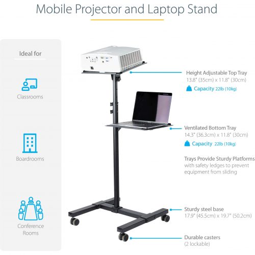 Startech .com Mobile Projector and Laptop Stand/Cart, Heavy Duty Portable Projector Stand/Presentation Cart (22lb/shelf), Height Adjustable -… ADJPROJCART
