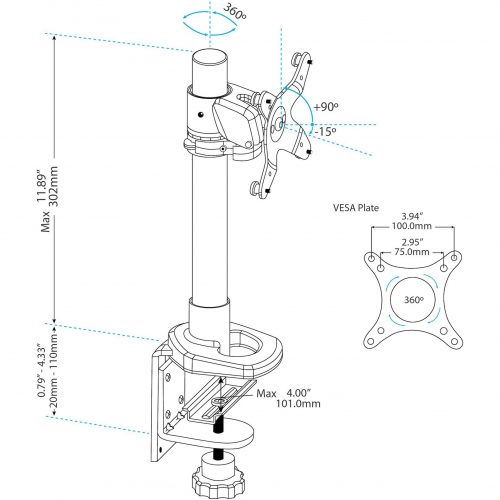Startech .com Single Monitor Desk MountHeight Adjustable Monitor MountFor up to 34″ VESA Mount MonitorsSteelDesk / Grommet MountM… ARMPIVOT