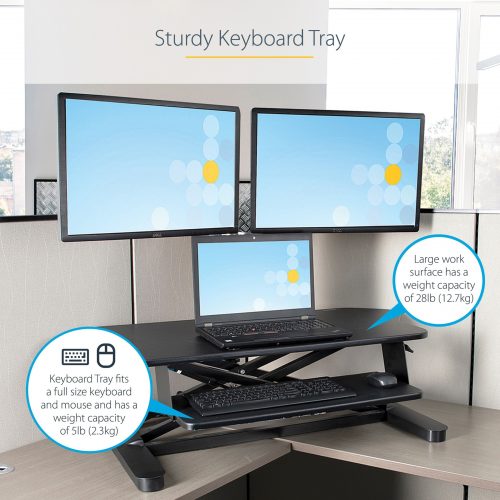 Startech .com Corner Sit Stand Desk Converter with Keyboard Tray, Large Surface 35″x21″ , Height Adjustable Ergonomic Tabletop Standing Desk… ARMSTSCORNR