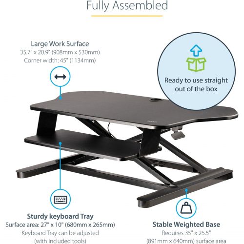 Startech .com Corner Sit Stand Desk Converter with Keyboard Tray, Large Surface 35″x21″ , Height Adjustable Ergonomic Tabletop Standing Desk… ARMSTSCORNR