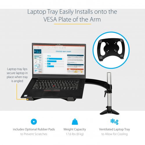 Startech .com Desk Mount Laptop Arm, Full Motion Articulating Arm/Stand for Laptop or 34 inch Monitor, VESA Mount Laptop Tray, AdjustableDes… ARMUNONB1