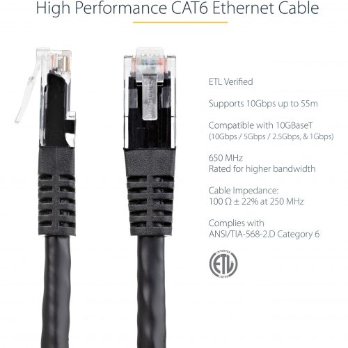 Startech .com 100ft CAT6 Ethernet CableBlack Molded Gigabit100W PoE UTP 650MHzCategory 6 Patch Cord UL Certified Wiring/TIA100ft… C6PATCH100BK