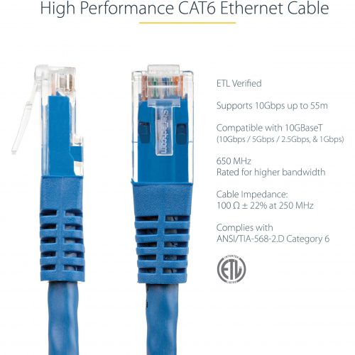 Startech .com 100ft CAT6 Ethernet CableBlue Molded Gigabit100W PoE UTP 650MHzCategory 6 Patch Cord UL Certified Wiring/TIA100ft… C6PATCH100BL