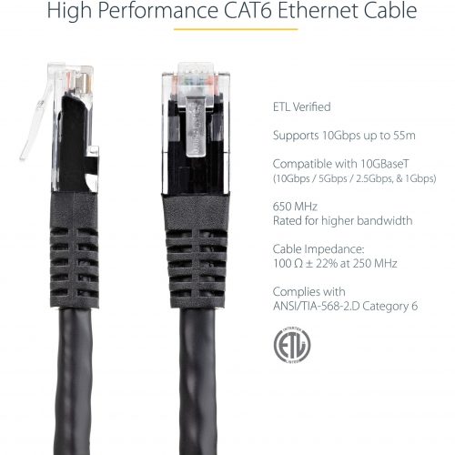Startech .com 50ft CAT6 Ethernet CableBlack Molded Gigabit100W PoE UTP 650MHzCategory 6 Patch Cord UL Certified Wiring/TIA50ft Bl… C6PATCH50BK