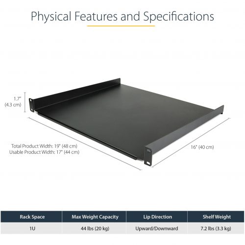 Startech .com 1U Server Rack Cabinet ShelfFixed 16″ Deep Cantilever Rackmount Tray for 19″ Data/AV/Network Enclosure w/cage nuts, screws -… CABSHELF116