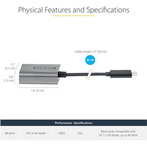 Startech USB C to DisplayPort Adapter, 8K/4K 60Hz USB-C to DisplayPort 1.4 Adapter, DSC, USB Type-C to DP Video Converter, w/12″ Cable1 x 24-pin Type… CDP2DPEC