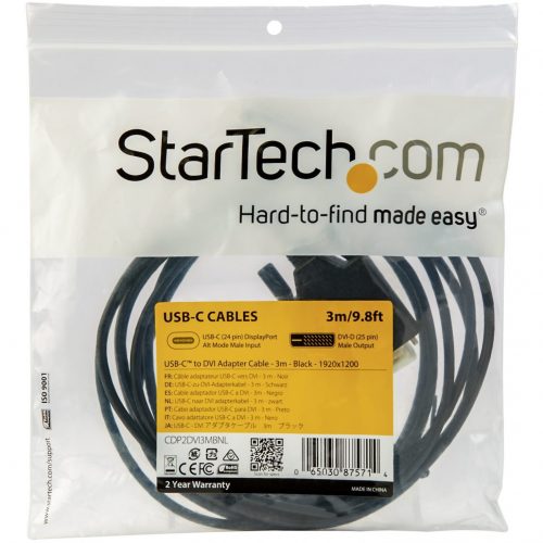 Startech .com 10ft (3m) USB C to DVI Cable1080p USB Type-C to DVI-Digital Video Display Adapter Monitor CableWorks w/ Thunderbolt 3 -… CDP2DVI3MBNL