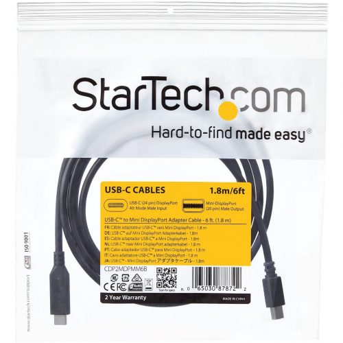 Startech .com 6 ft. / 1.8 m USB-C to Mini DisplayPort Cable4K 60HzBlackUSB 3.1 Type-C to Mini DP Adapter CablemDP CableUSB-C t… CDP2MDPMM6B