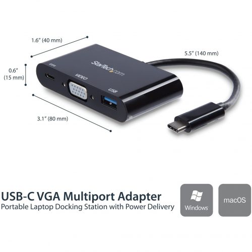Startech Star Tech.com USB-C VGA Multiport AdapterUSB-A Portwith Power Delivery (USB PD)USB C Adapter ConverterUSB C DongleUSB C VGA M… CDP2VGAUACP