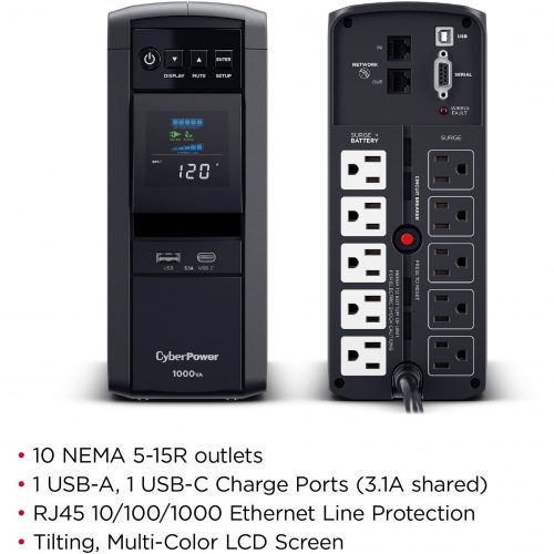 Cyber Power CP1000PFCLCDTAA TAA Compliant Intelligent UPS Systems1000VA/600W, 120 VAC, NEMA 5-15P, Mini-Tower, Sine Wave, 10 Outlets,… CP1000PFCLCDTAA
