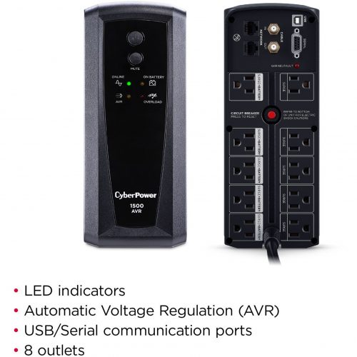 Cyber Power CP1500AVRT AVR UPS Systems1500VA/900W, 120 VAC, NEMA 5-15P, Mini-Tower, 10 Outlets, Panel® Personal, $500000 CEG, … CP1500AVRT