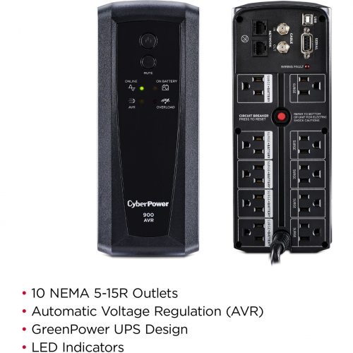 Cyber Power CP900AVR AVR UPS Systems900VA/560W, 120 VAC, NEMA 5-15P, Mini-Tower, 10 Outlets, Panel® Personal, $300000 CEG,  Warra… CP900AVR