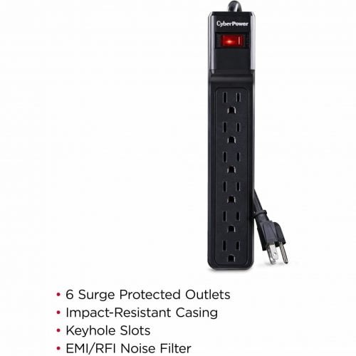 Cyber Power CSB6012 Essential 6Outlet Surge with 1200 JClamping Voltage 800V, 12 ft, NEMA 5-15P, Straight, 15 Amp, EMI/RFI Filtration, Blac… CSB6012