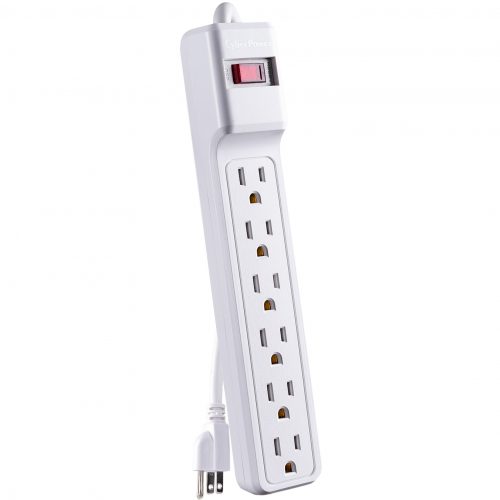 Cyber Power CSB606W Essential 6Outlet Surge with 900 JClamping Voltage 500V, 6 ft, NEMA 5-15P, Straight, 15 Amp, EMI/RFI Filtration, White,… CSB606W