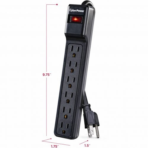 Cyber Power CSB606 Essential 6Outlet Surge with 900 JClamping Voltage 800V, 6 ft, NEMA 5-15P, Straight, 15 Amp, EMI/RFI Filtration, Black, R… CSB606