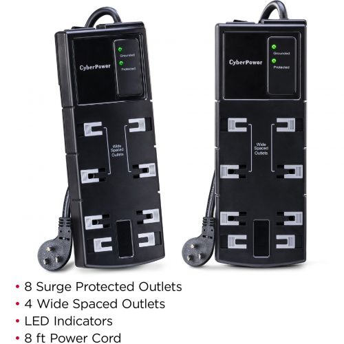 Cyber Power CSB808 Essential 8Outlet Surge with 1800 JClamping Voltage 800V, NEMA 5-15P, Right Angle45° Offset, 15 Amp, EMI/RFI Filtr… CSB808