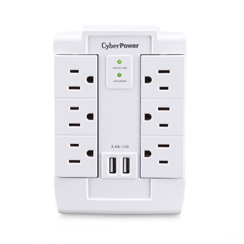 Cyber Power CSP600WSURC2 Professional 6Outlet Surge with 1200 JClamping Voltage 800V, NEMA 5-15P, Wall Tap, 22.4 Amps (Shared) USB,… CSP600WSURC2