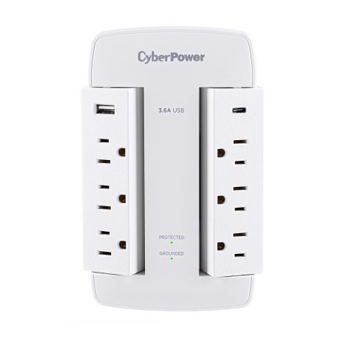 Cyber Power CSP600WSURC5 Professional 6Outlet Surge with 900 JNEMA 5-15P, Wall Tap, 23.6 Amps (Shared) USB, Lifetime Warranty CSP600WSURC5