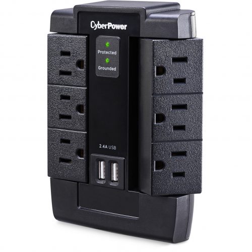 Cyber Power CSP600WSU Professional 6Outlet Surge with 1200 JClamping Voltage 800V, NEMA 5-15P, Wall Tap, 22.4 Amps (Shared) USB, EMI/R… CSP600WSU