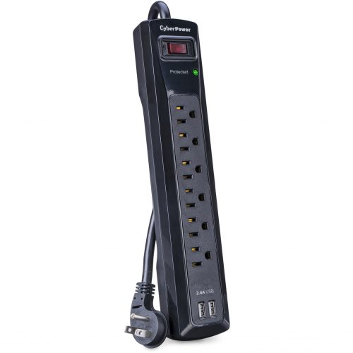 Cyber Power CSP604U Professional 6Outlet Surge with 1200 JClamping Voltage 800V, 4 ft, NEMA 5-15P, Right Angle45° Offset, 15 Amp, 2… CSP604U