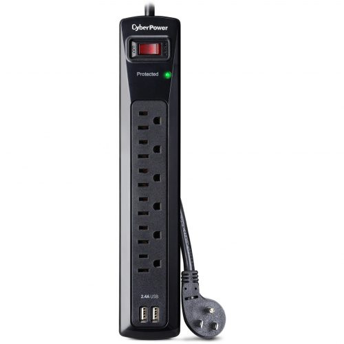 Cyber Power CSP604U Professional 6Outlet Surge with 1200 JClamping Voltage 800V, 4 ft, NEMA 5-15P, Right Angle45° Offset, 15 Amp, 2… CSP604U