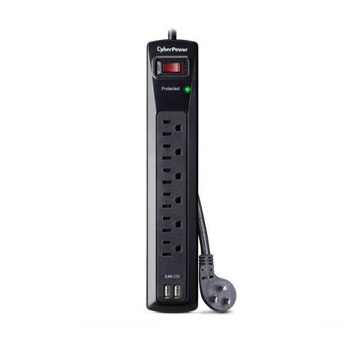 Cyber Power CSP604U Professional 6Outlet Surge with 1200 JClamping Voltage 800V, 4 ft, NEMA 5-15P, Right Angle45° Offset, 15 Amp, 2… CSP604U