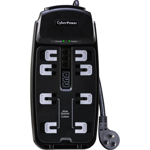Cyber Power CSP806T Professional 8Outlet Surge with 2550 JClamping Voltage 400V, 6 ft, NEMA 5-15P, Right Angle45° Offset, 15 Amp, EM… CSP806T