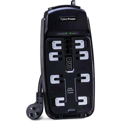 Cyber Power CSP806T Professional 8Outlet Surge with 2550 JClamping Voltage 400V, 6 ft, NEMA 5-15P, Right Angle45° Offset, 15 Amp, EM… CSP806T