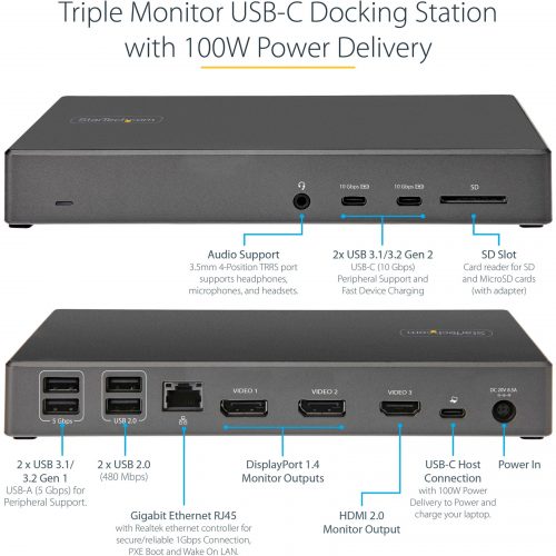 Startech .com USB C Dock, Triple 4K Monitor USB-C Docking Station with DP 1.4 & DSC, 2x DisplayPort & 1x HDMI, 100W PD, 6x USB (2x 10Gbps) -… DK31C2DHSPD
