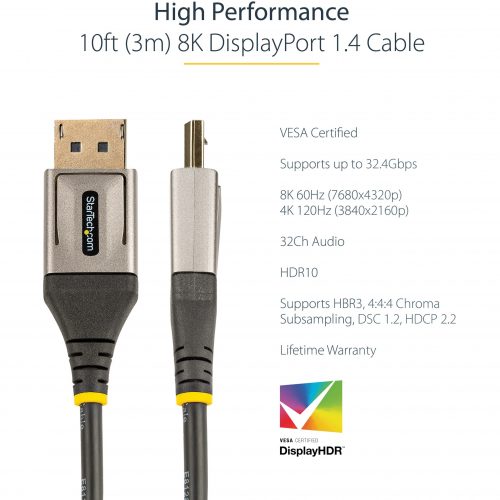 Startech .com 10ft (3m) VESA Certified DisplayPort 1.4 Cable, 8K 60Hz HDR10, UHD 4K 120Hz Video, DP to DP Monitor Cord, DP 1.4 Cable, M/M9.8… DP14VMM3M