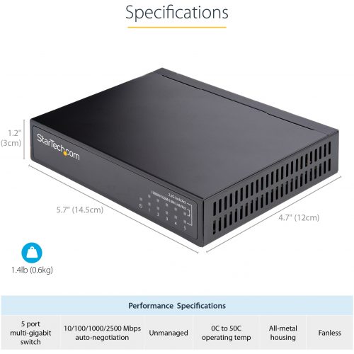 Startech .com Unmanaged 2.5G Switch, 5 Port 2.5GBASE-T Unmanaged Ethernet Switch, Desk | Wall Mount Kit, Compatible w/ 10/100/1000Mbps devices -… DS52000