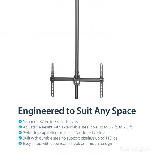 Startech .com Ceiling TV Mount8.2′ to 9.8′ Long Pole32 to 75″ TVs with a weight capacity of up to 110 lb. (50 kg)Telescopic pole can… FPCEILPTBLP