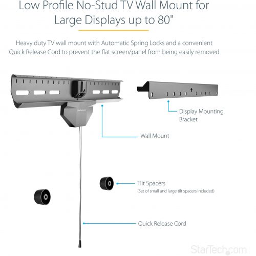 Startech .com No-Stud TV Wall Mount, Low Profile Heavy Duty VESA Wall Mount for up to 80″ Display (110lb/50kg), Tilting Television MountNo-s… FPWHANGER