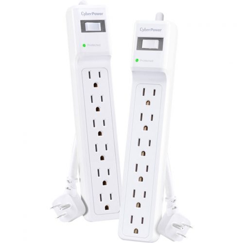 Cyber Power MP1082SS Essential 6Outlet Surge with 500 JClamping Voltage 800V, 2.5 ft, NEMA 5-15P, Right Angle45° Offset, 15 Amp, EM… MP1082SS