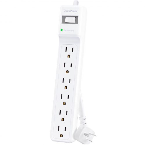 Cyber Power MP1082SS Essential 6Outlet Surge with 500 JClamping Voltage 800V, 2.5 ft, NEMA 5-15P, Right Angle45° Offset, 15 Amp, EM… MP1082SS