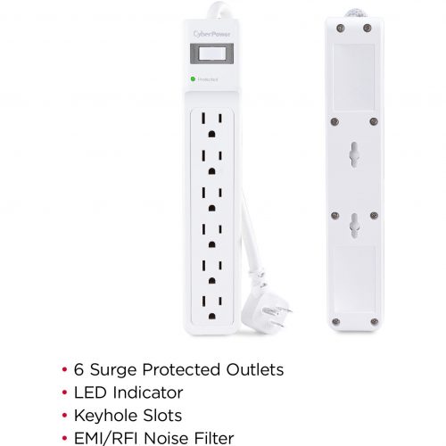 Cyber Power MP1082SS Essential 6Outlet Surge with 500 JClamping Voltage 800V, 2.5 ft, NEMA 5-15P, Right Angle45° Offset, 15 Amp, EM… MP1082SS