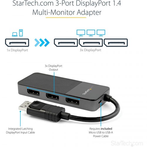 Startech .com 3-Port Multi Monitor Adapter, DisplayPort 1.4 to Triple 4K DP Video Splitter or Dual 4K, DisplayPort MST Hub Display Adapter -… MST14DP123DP